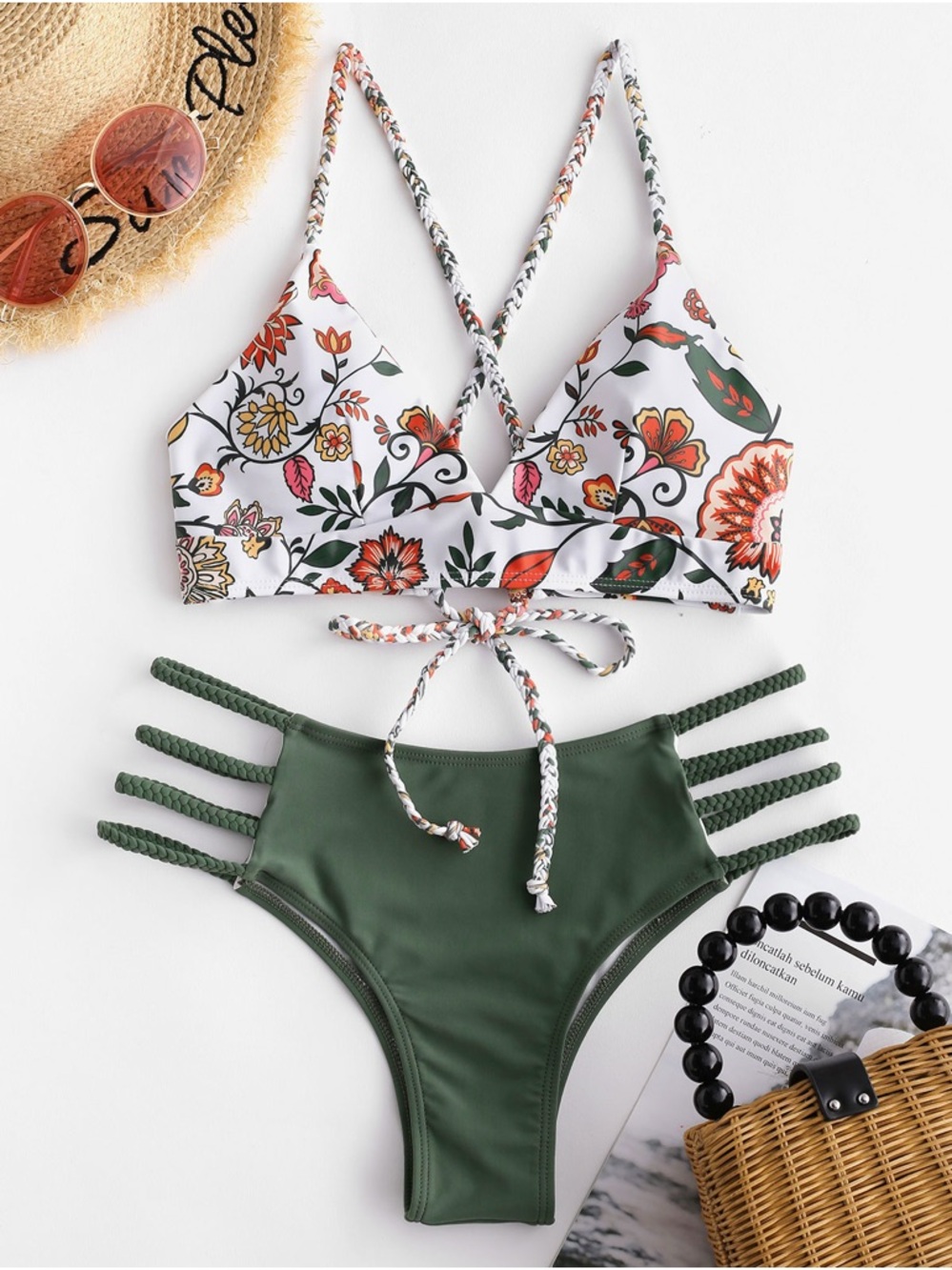 Crisscross Bikini Set Lace Up Bikini - Green Multi